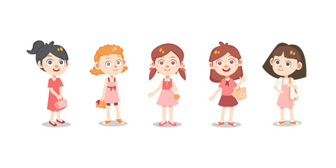 girls kid in pink dress go to shopping vector illustration