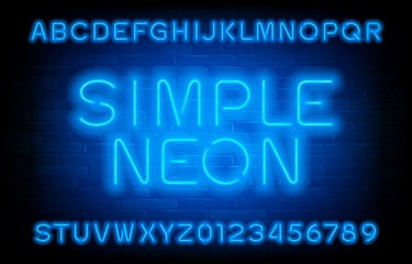 Simple Neon alphabet font. Blue neon light type letters and numbers. Brick wall background. Stock vector typeface for your typography design.