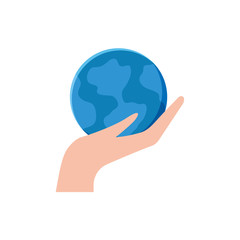 hand with planet earth on white background