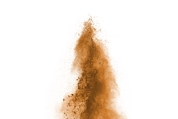 Brown powder explosion isolated on white background.