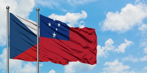 Czech Republic and Samoa flag waving in the wind against white cloudy blue sky together. Diplomacy...
