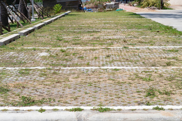 Lines parking on brick and grass background