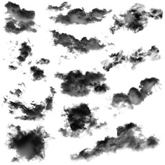 collection of black cloud isolated on white background for design element,textured smoke,brush effect