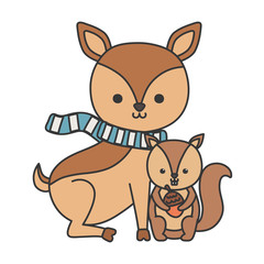 cute deer with scarf and squirrel holding acorn hello autumn