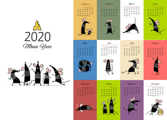 Funny mouses party, symbol of 2020 year. Calendar design