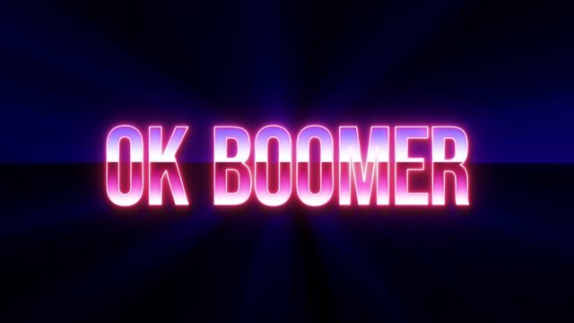 A laser sculpting the words Ok Boomer with a neon lighting, filled with two chrome gradients, with rays moving on the background. retro vintage vibe.