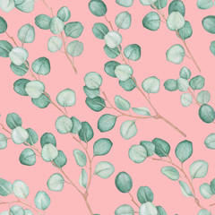 Seamless pattern of eucalyptus branches on pink background