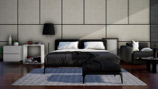 interior of modern white bedroom with double bed, pan right, 3D animation video 4K
