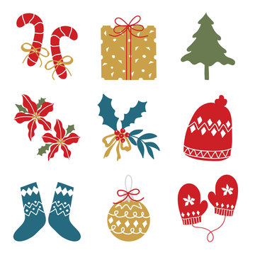 Christmas and Happy New Year icon set. Merry Christmas design element for calendar, cards, pattern, and background - Vector 