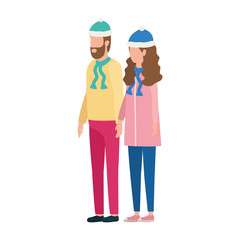 young lovers couple with christmas hat characters