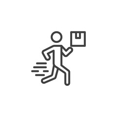 Courier man with box line icon. linear style sign for mobile concept and web design. Express post delivery outline vector icon. Symbol, logo illustration. Vector graphics