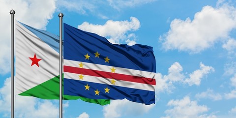 Djibouti and Cape Verde flag waving in the wind against white cloudy blue sky together. Diplomacy concept, international relations.