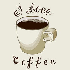 beige cup with on a gray background with the inscription I love coffee, color vector illustration