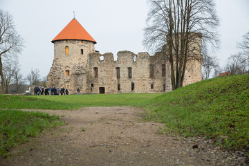 City Cesis, Latvia Republic. 13th century castle with park in late autumn. Historic building. 2. November 2019.