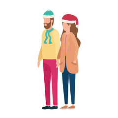 young lovers couple with christmas hat characters