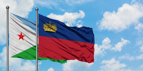 Djibouti and Liechtenstein flag waving in the wind against white cloudy blue sky together. Diplomacy concept, international relations.