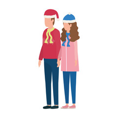 young lovers couple with christmas hat characters