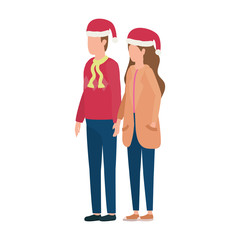 young lovers couple with christmas hat characters