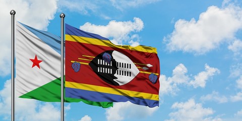 Djibouti and Swaziland flag waving in the wind against white cloudy blue sky together. Diplomacy concept, international relations.