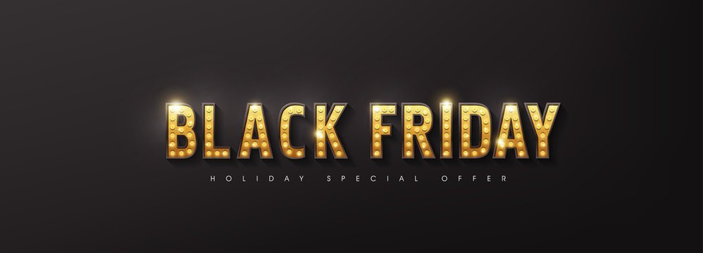 Retro light bulbs sign Black friday sale banner layout design template. Advertising Poster design.Vector illustration.