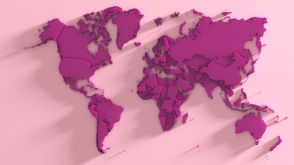 World map. Pink color.  3d rendering