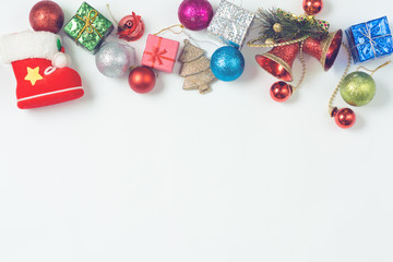 Christmas decorations on a light background. Space for text. New Year's background. Toned image. Christmas background.