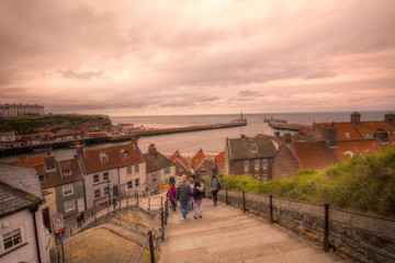 View of Whitby from cliff with North Sea on background. North Yorkshire,Great Britain.
