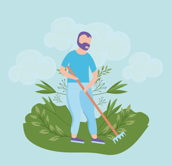 scene of man with rake, tool of garden