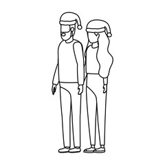 young lovers couple with christmas hat characters