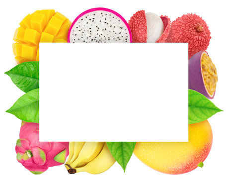 Square frame made of exotic fruits with copyspase inside isolated on a white background with clipping path.