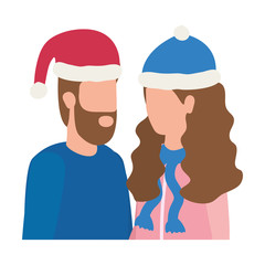 young lovers couple with christmas hat characters