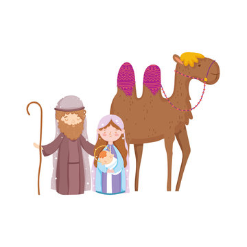 mary joseph and baby jesus with camel nativity, merry christmas