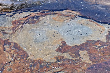 Colourful rock formations revealed by the low tide on the rock platform at Shack Bay, Inverloch in South Gippsland.