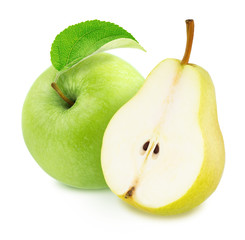 Composite image with apple and pear isolated on a white background.