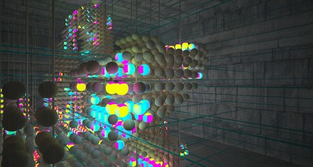 Abstract Smooth Wood and Concrete Futuristic Sci-Fi interior  from an array of spheres With Gradient Colored Glowing Neon. 3D illustration and rendering.