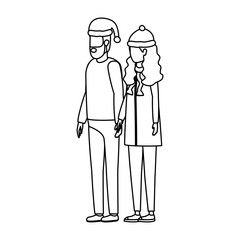 young lovers couple with christmas hat characters
