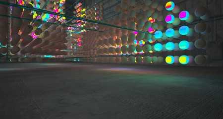 Abstract Smooth Wood and Concrete Futuristic Sci-Fi interior  from an array of spheres With Gradient Colored Glowing Neon. 3D illustration and rendering.