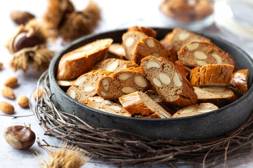 Freshly baked homemade biscotti with chestnut flour - Italian almond biscuits cantuccini