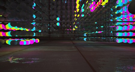 Abstract Smooth Rusted Metal and Concrete Futuristic Sci-Fi interior  from an array of spheres With Gradient Colored Glowing Neon. 3D illustration and rendering.