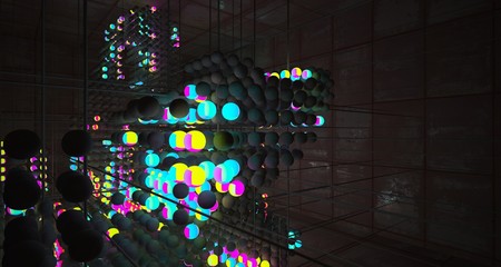 Abstract Smooth Rusted Metal and Concrete Futuristic Sci-Fi interior  from an array of spheres With Gradient Colored Glowing Neon. 3D illustration and rendering.