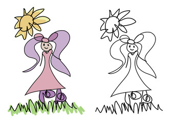Children Hand Drawing of Girl Standing on Grass Under the Sun, Isolated on White Background