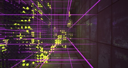 Abstract Smooth Rusted Metal and Concrete Futuristic Sci-Fi interior  from an array of spheres With Gradient Colored Glowing Neon. 3D illustration and rendering.
