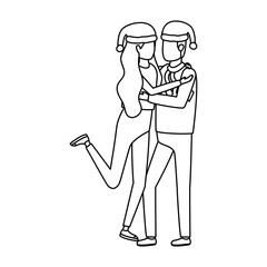 young lovers couple with christmas hat characters
