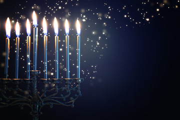Religion image of jewish holiday Hanukkah background with menorah (traditional candelabra) and candles - obrazy, fototapety, plakaty