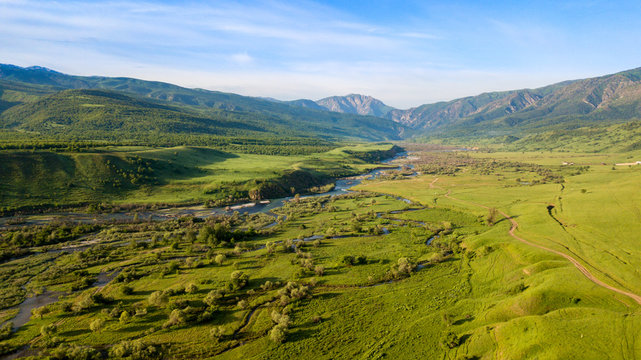 Kazakhstan Shymkent aerial view the river and mountain this is a beautiful landscape in the Sayram Ugam National Park