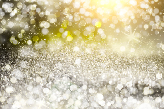 Silver light bokeh background. Abstract grey shiny glitter bokeh christmas background
