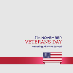 Happy veterans day banner. US national day november 11. American flag on light background. Poster, typography design, vector illustration