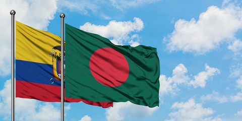 Ecuador and Bangladesh flag waving in the wind against white cloudy blue sky together. Diplomacy concept, international relations.