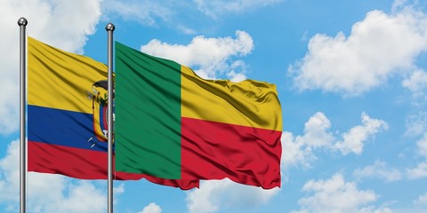 Ecuador and Benin flag waving in the wind against white cloudy blue sky together. Diplomacy concept, international relations.