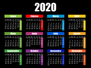 Horizontal color pocket calendar on 2020 year, spanish. Week starts from Monday. Vector template calendar for business on black background.